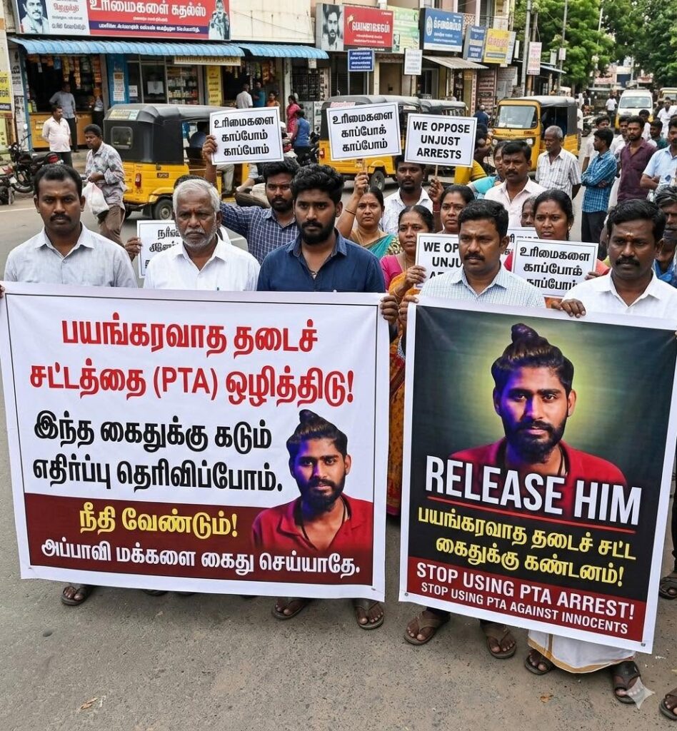 பயங்கர வாத தடுப்பு சட்டத்தின் கீழ் கைது செய்யப்பட்ட சங்கீதனின் விடுதலையை வலியுறுத்தி போராட்டம்!