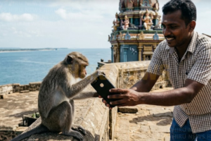 கோணேஸ்வரம் கோயிலில் குரங்கிடம் சிக்கிய கையடக்கத்தொலைபேசி- மீட்டு கொடுத்த இளைஞர்!