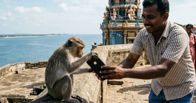 கோணேஸ்வரம் கோயிலில் குரங்கிடம் சிக்கிய கையடக்கத்தொலைபேசி- மீட்டு கொடுத்த இளைஞர்!