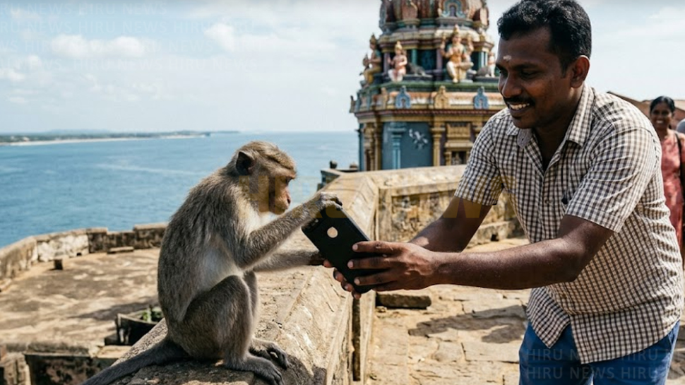 கோணேஸ்வரம் கோயிலில் குரங்கிடம் சிக்கிய கையடக்கத்தொலைபேசி- மீட்டு கொடுத்த இளைஞர்!